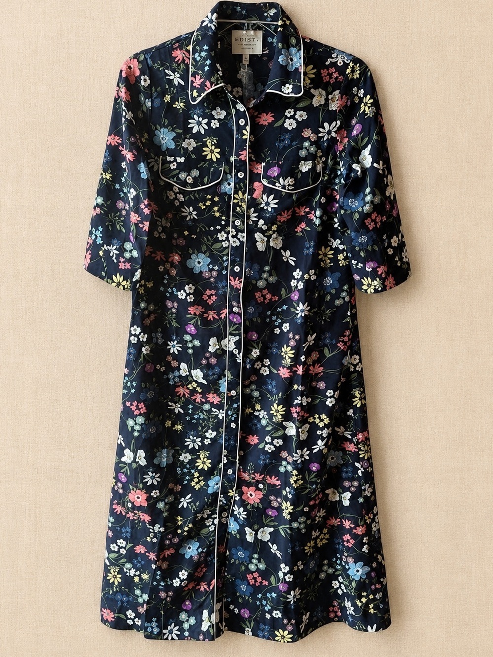 Hayden LA Boutique Navy Floral Button Front Shirt Dress Elbow Sleeve NWT S #1368